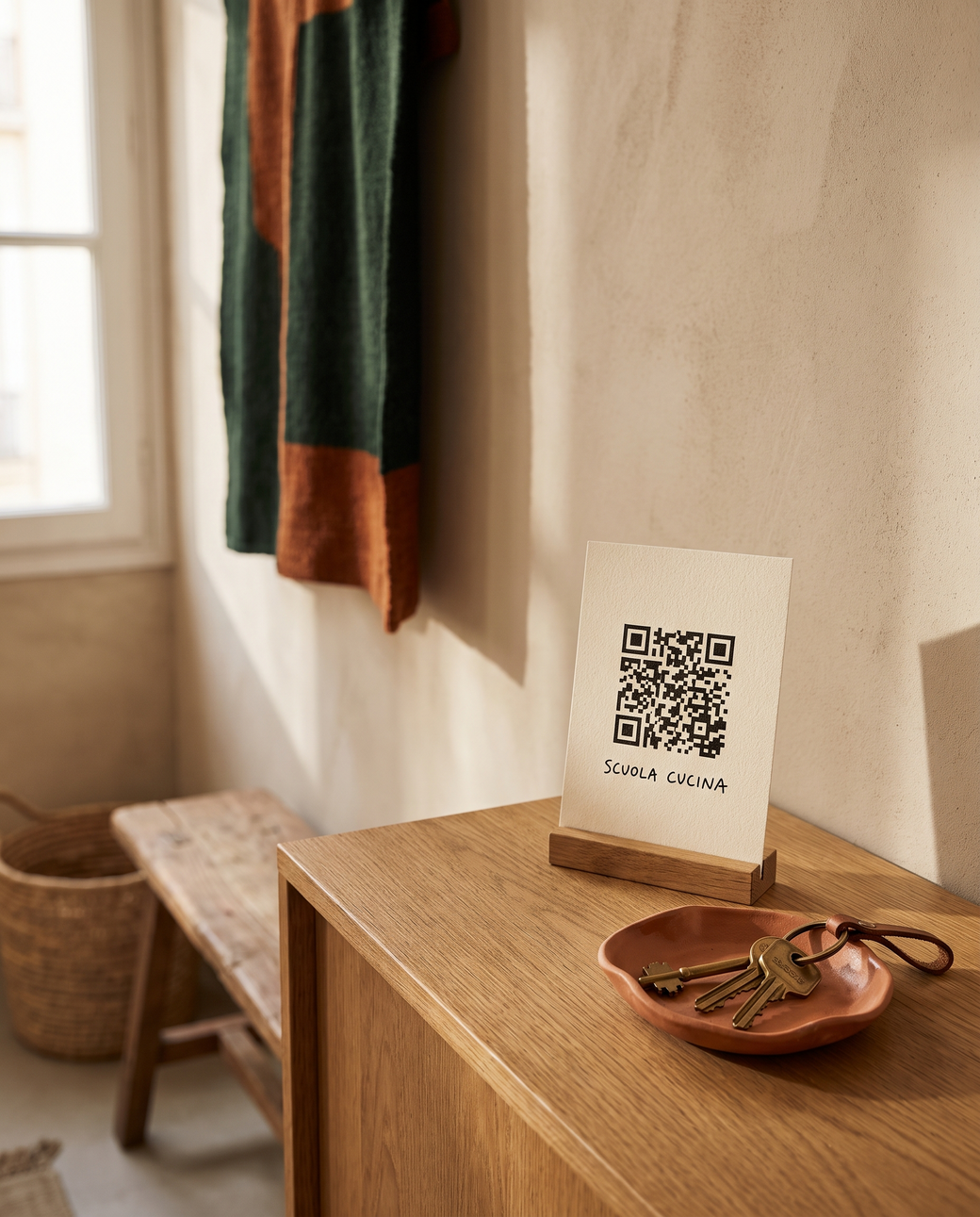 Poster QR con welcome book su consolle d'ingresso di una casa vacanze italiana
