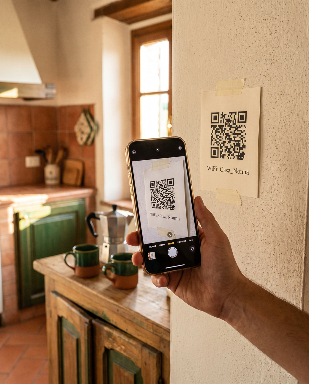 Ospite che scansiona il QR del WiFi in cucina